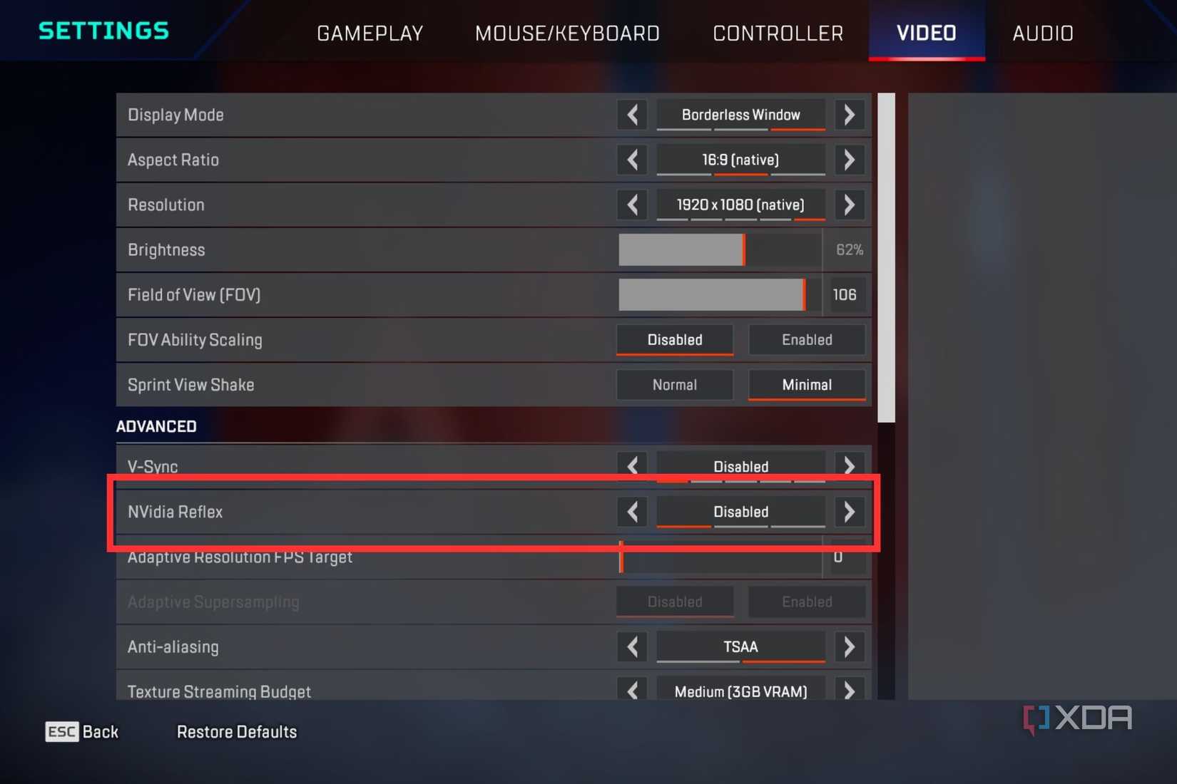 A screenshot from Apex Legends highlighting the Nvidia Reflex option.