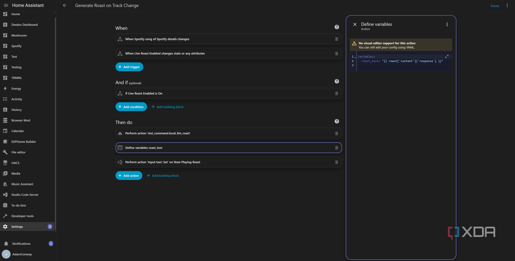 Home Assistant Spotify roast automation
