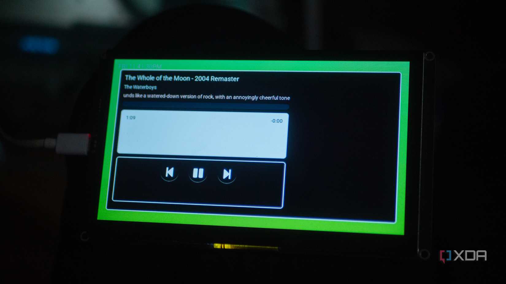Old version of the Elecrow screen with the currently playing track, The Whole of the Moon, by The Waterboys