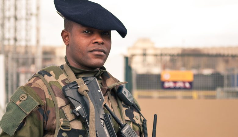 Illustration featuring French soldier for article on cybersecurity in France.