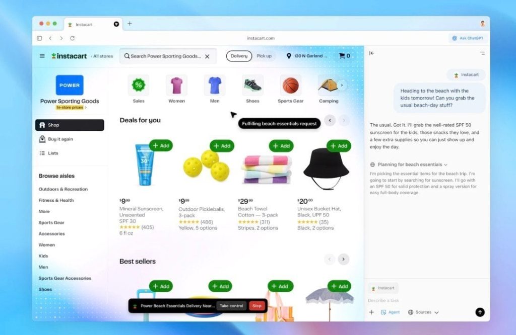 [ALT 32] Screenshot of OpenAI's Atlas browser interface with a chat assistant sidebar